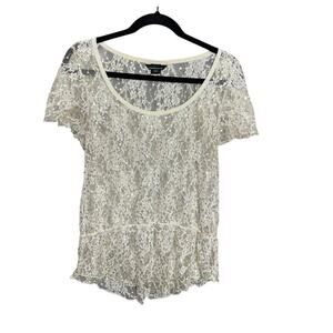 Moda International Y2K Sheer Lace & Gold Sequin Peplum Shirt SZ Large Fairycore